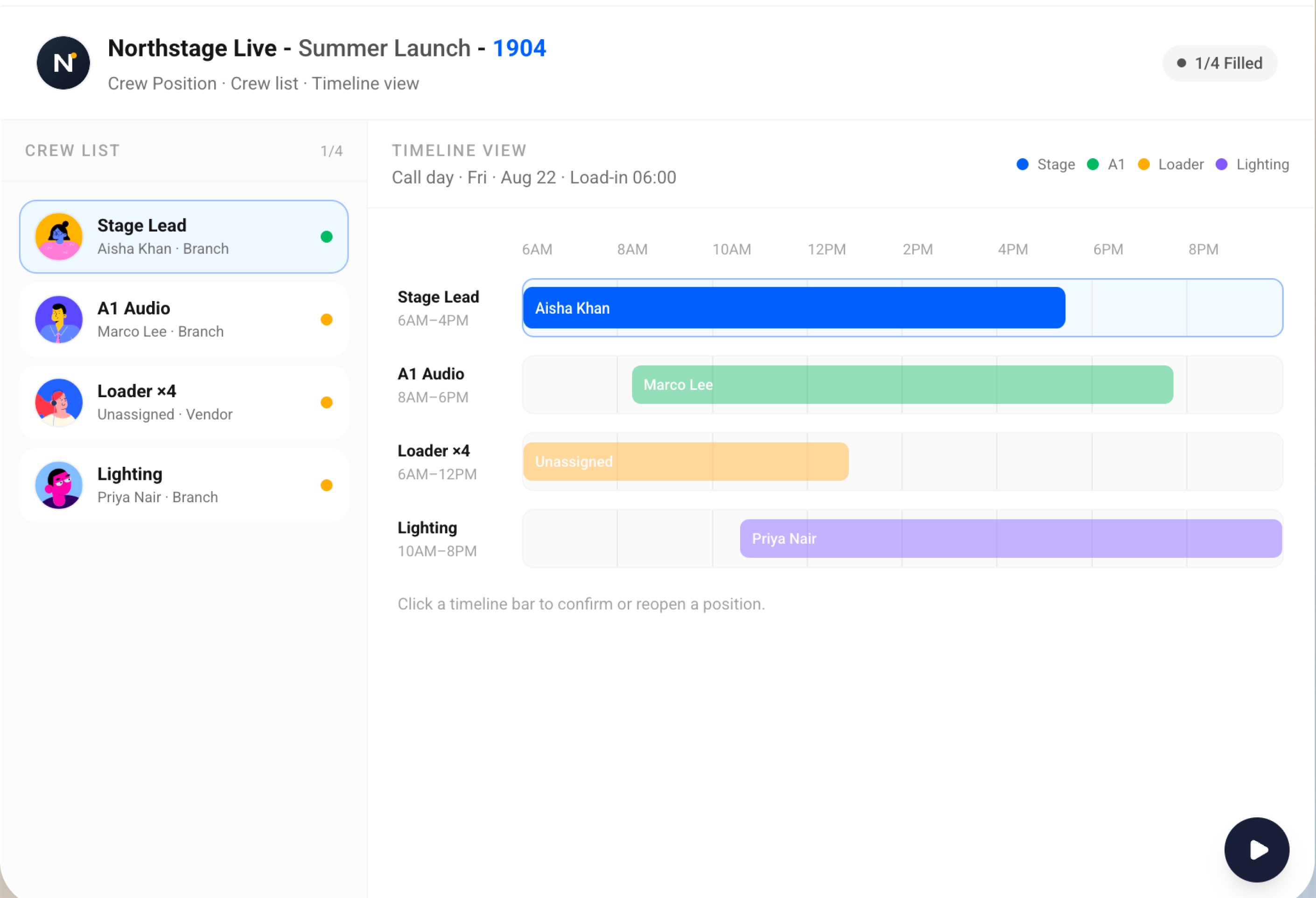 BatterOps crew scheduling timeline for event roles