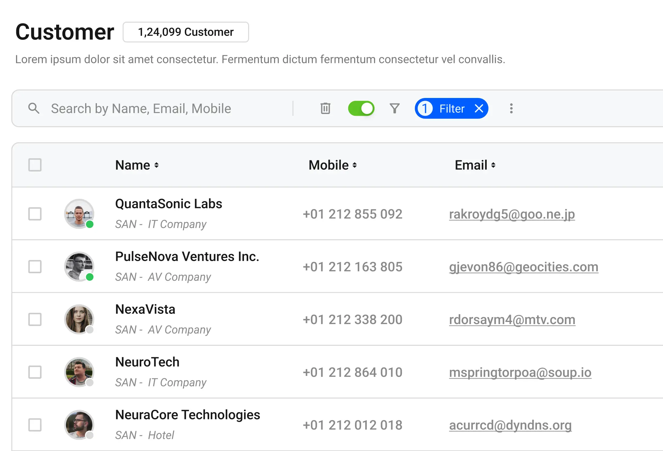 BatterOps customer list with search, filters, and account status
