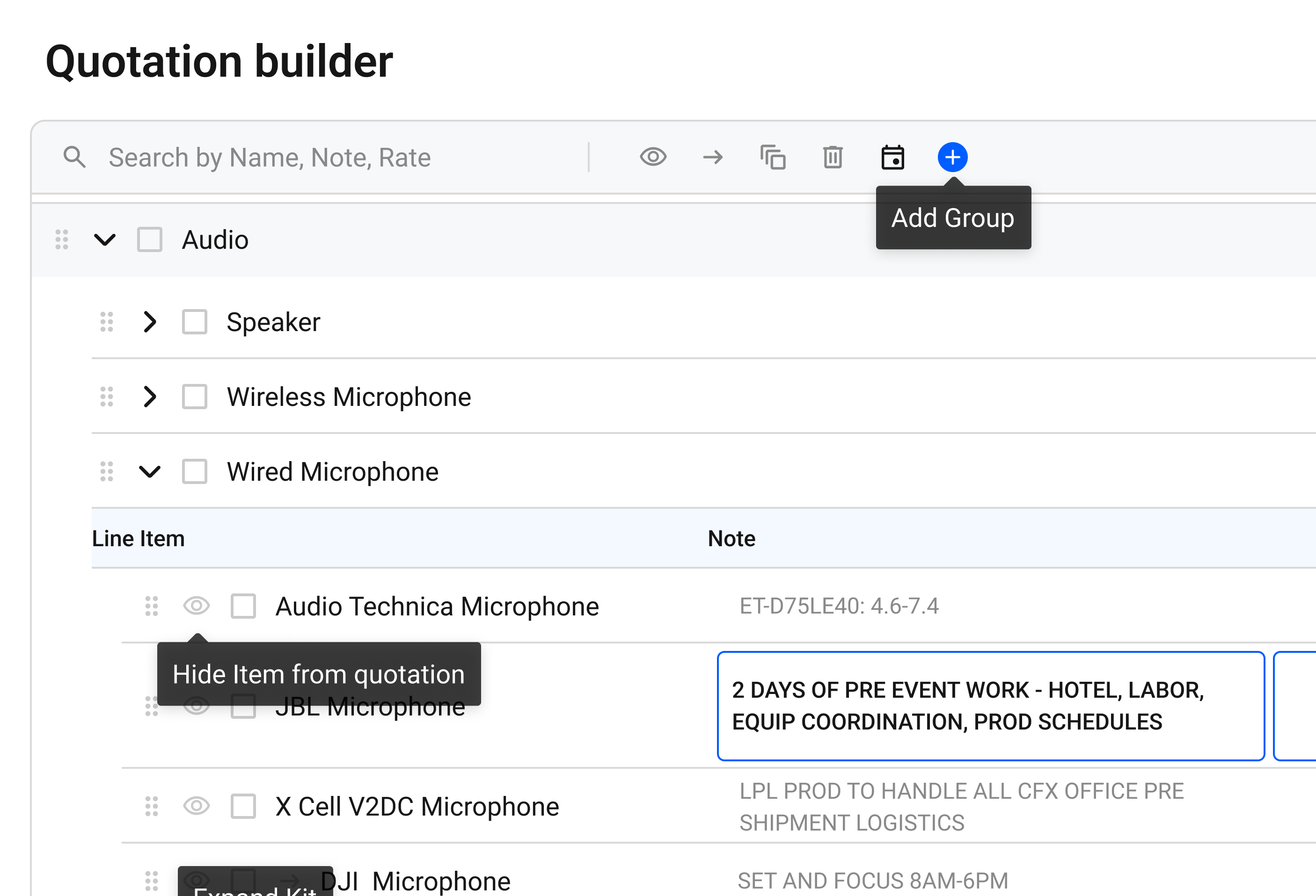 BatterOps event quotation builder with inventory line items