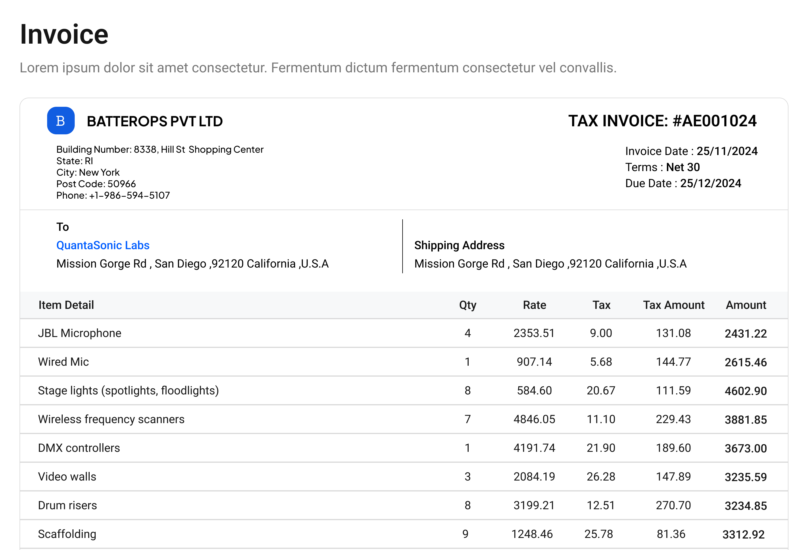 BatterOps purchase order and customer invoice screens