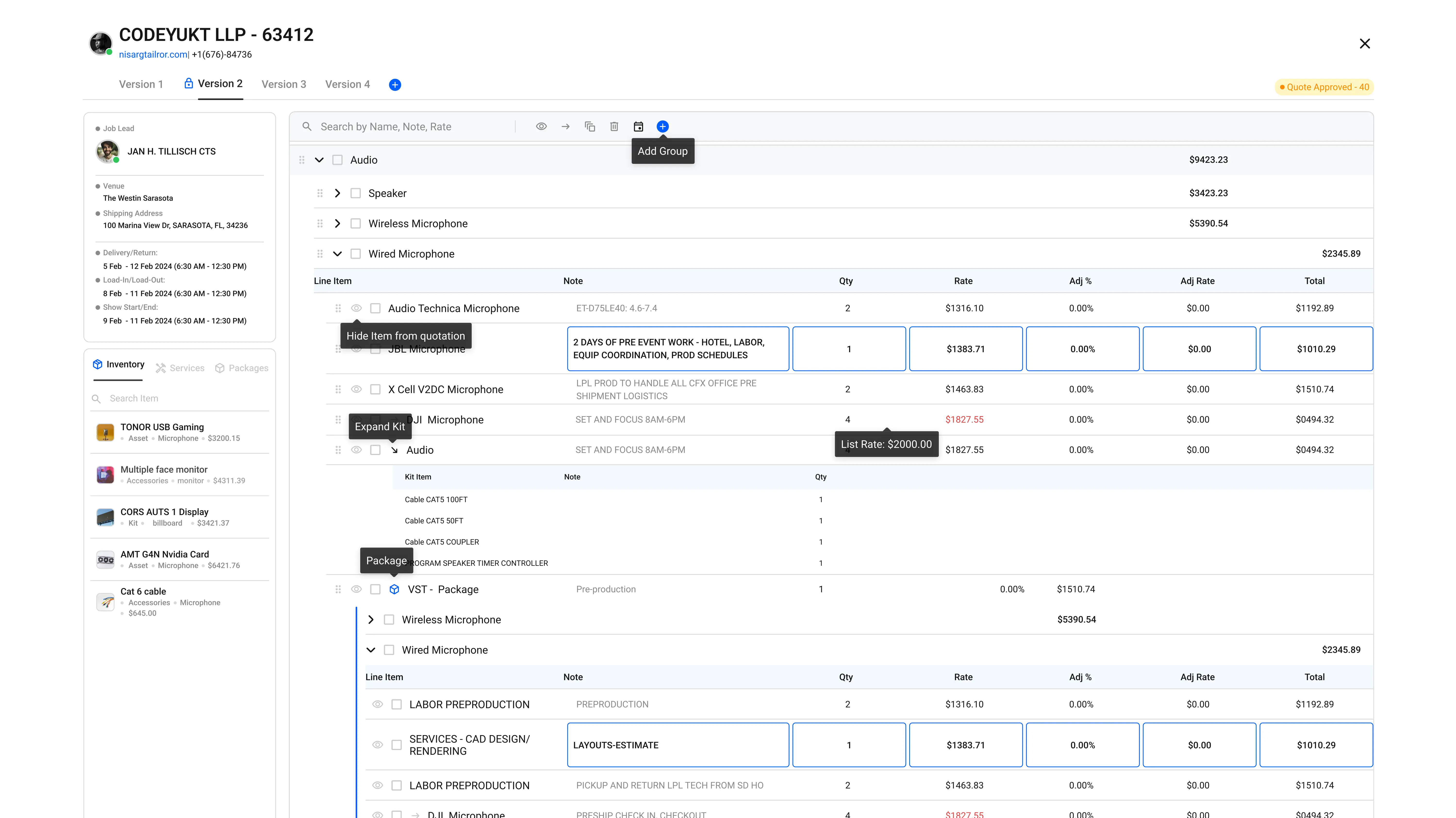 BatterOps quotation builder with inventory line items and totals
